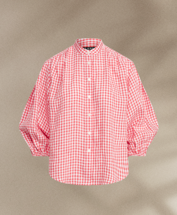 Gingham Linen Puff-Sleeve Shirt