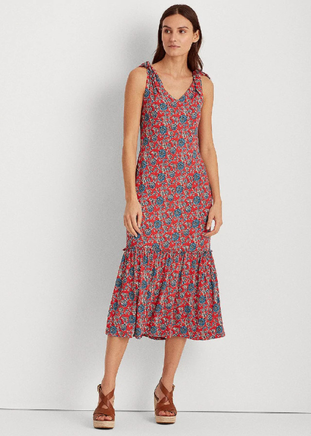 Floral Sleeveless Jersey Dress In Red Multi