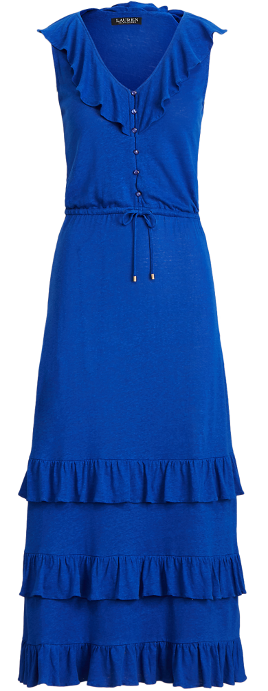 Linen-Blend Jersey Sleeveless Dress In Blue
