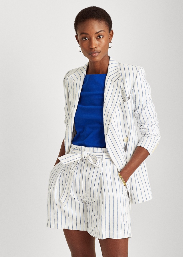 Pinstripe Linen Blazer In White/Blue