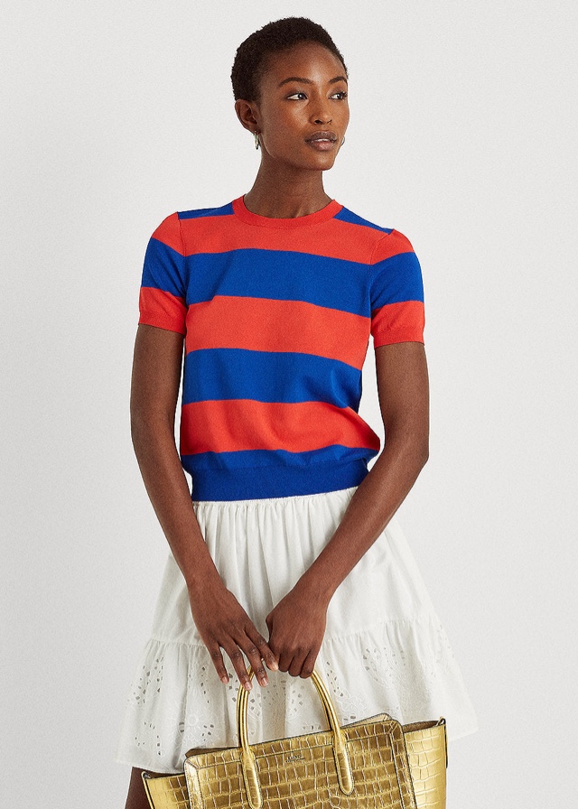 Striped Short-Sleeve Sweater In Hibiscus/White/ Blue