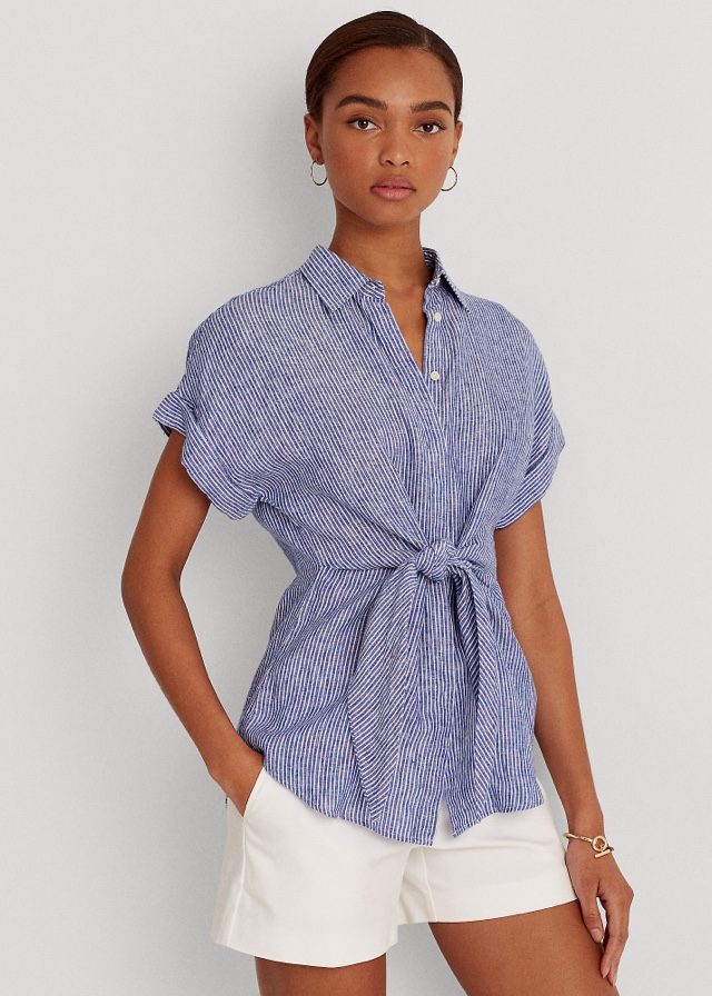 Striped Tie-Front Linen Shirt In Blue/White