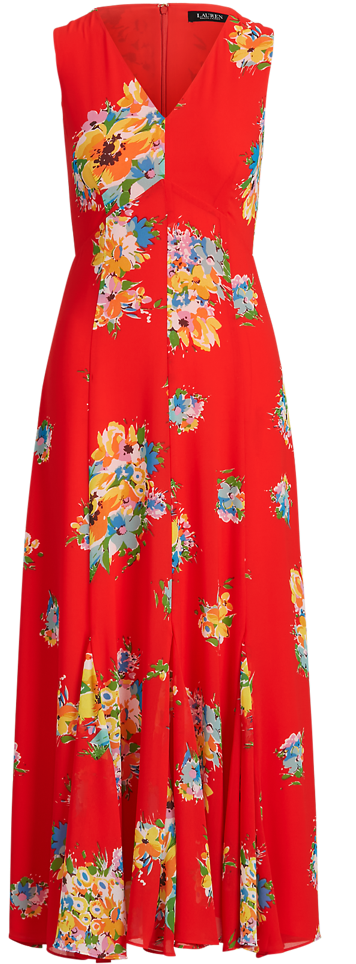 Floral Georgette Sleeveless Dress In Red Multi